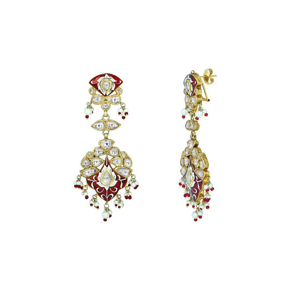 Polki Earrings with Red Enamel and Pearl Cascades